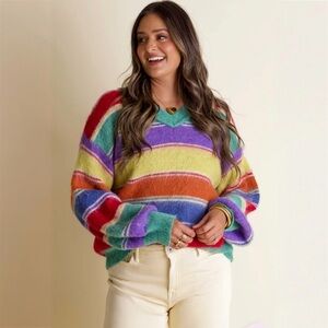 POL Multicolor Striped V-Neck Sweater Women’s Size Large